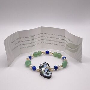 Vintage Lee Sands Mop And Abalone Seahorse Necklace Pearl, Lapis & Green Stone 6